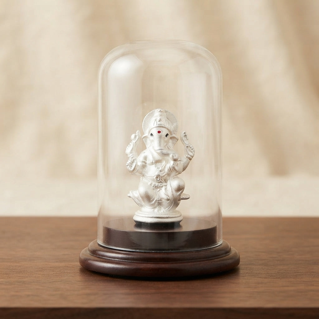 999 silver Ganesh Idol in Glass Case - Car Dashboard & Home-1327-3-26
