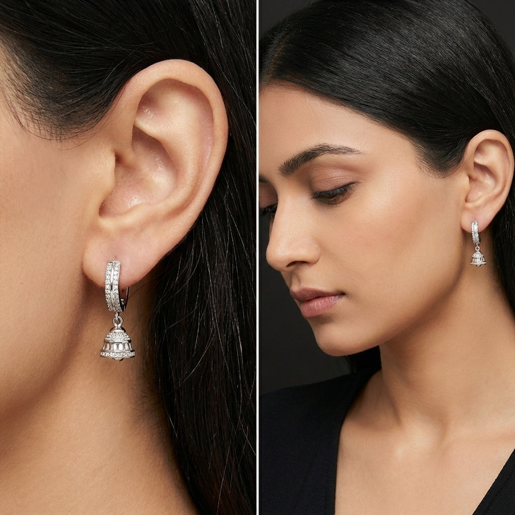 Sparkling Silver CZ Jhumka Hoop Earrings-1019-3-9