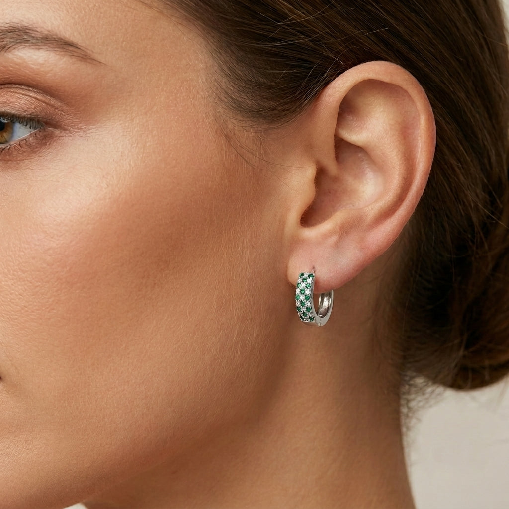 Elegant Real Silver Emerald Green Huggie Hoop Earrings-1014-4-3