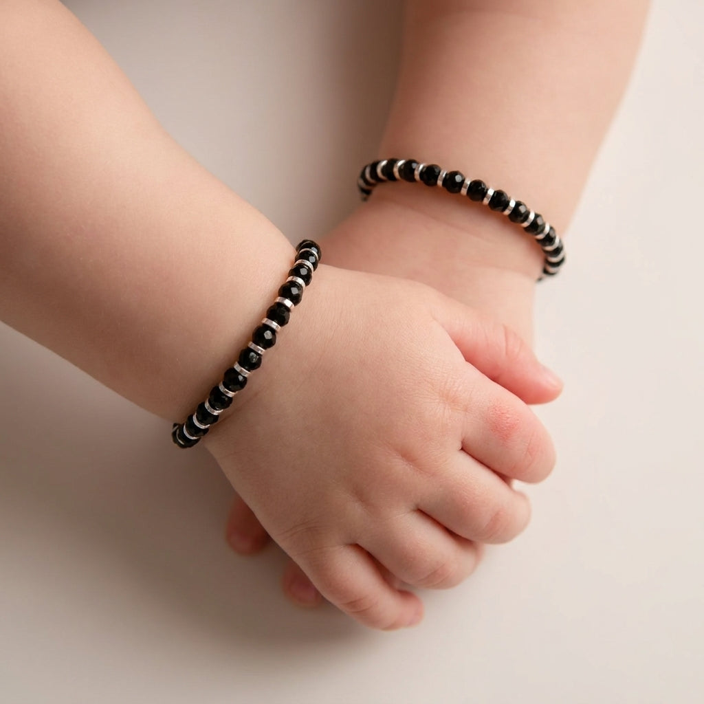 Elegant 925 Silver Black Bead Kids Bracelet Pair-999-0-0