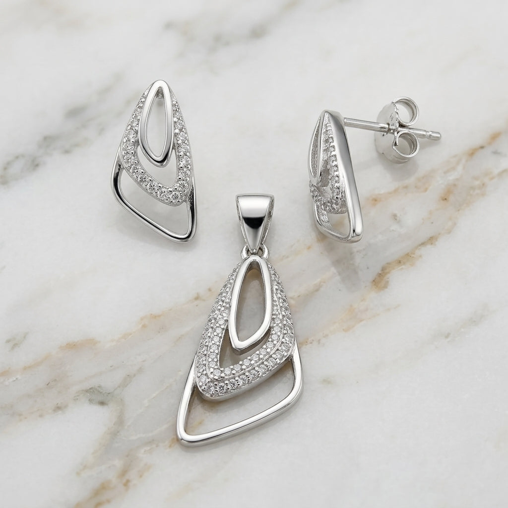 Sparkling 925 Silver Pendant & Earring Set-1115-3-2