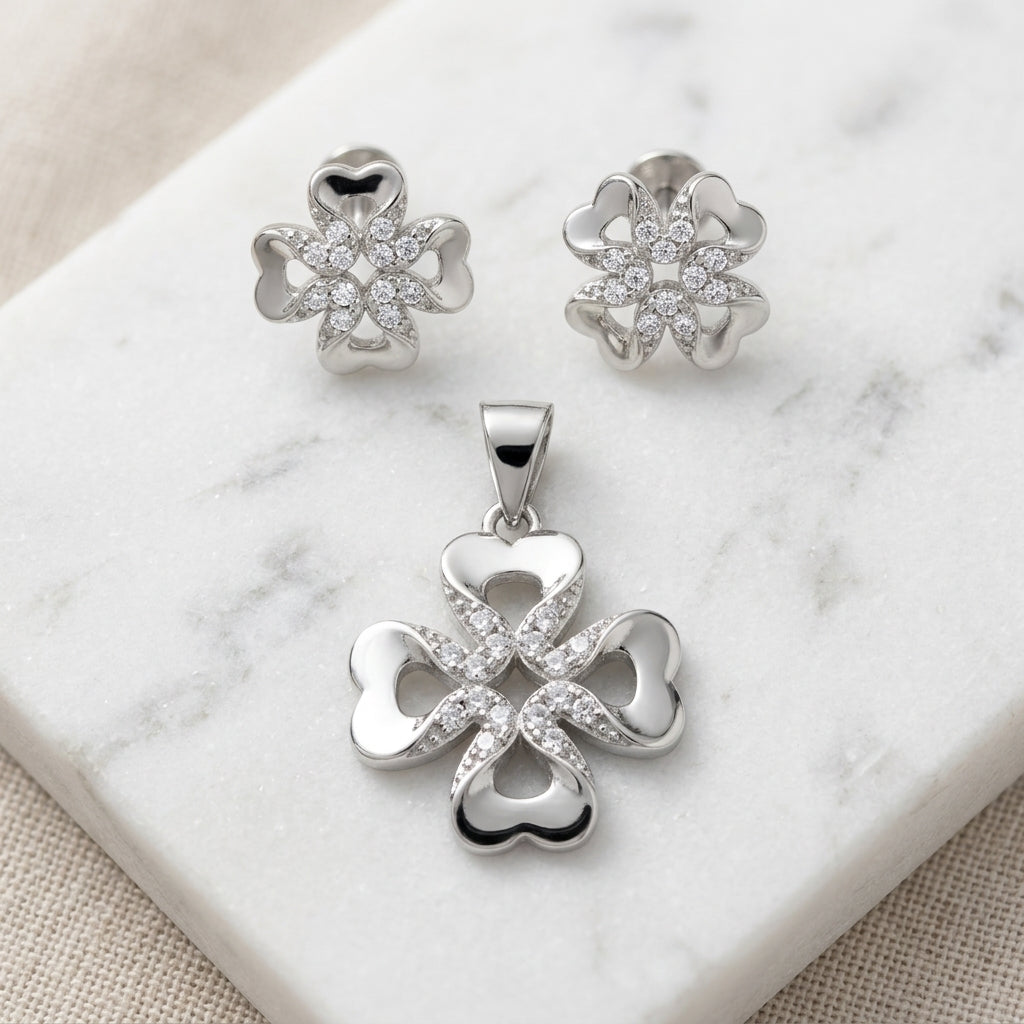 Dazzling 925 Silver Clover Pendant Set with Earrings-1120-3-2