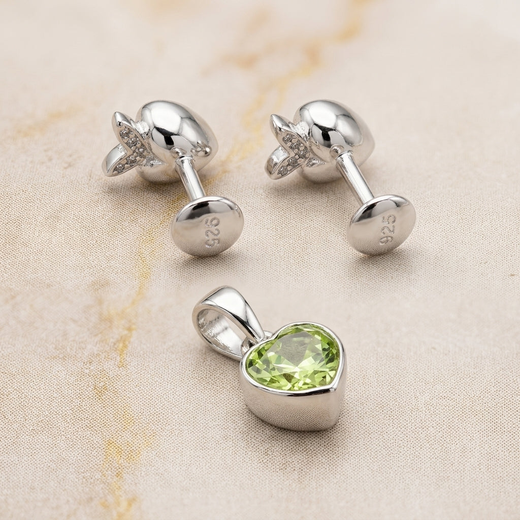 925 Silver Green Heart Pendant & Earrings Set-1077-3-7