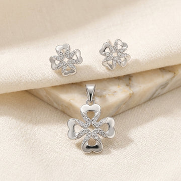 Dazzling 925 Silver Clover Pendant Set with Earrings-1120-3-2