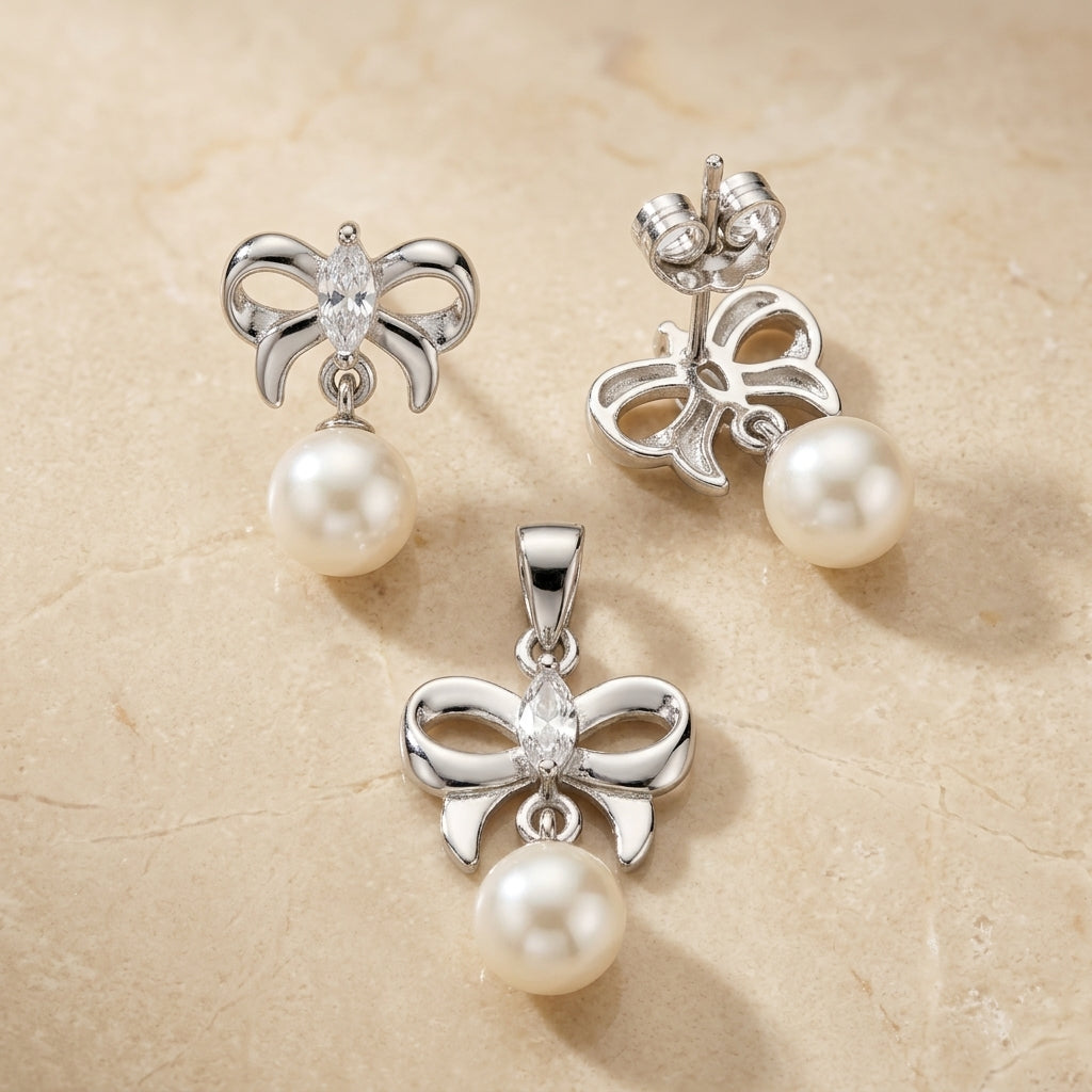 Elegant 925 Silver Bow & Pearl Pendant Earring Set-1072-4-0