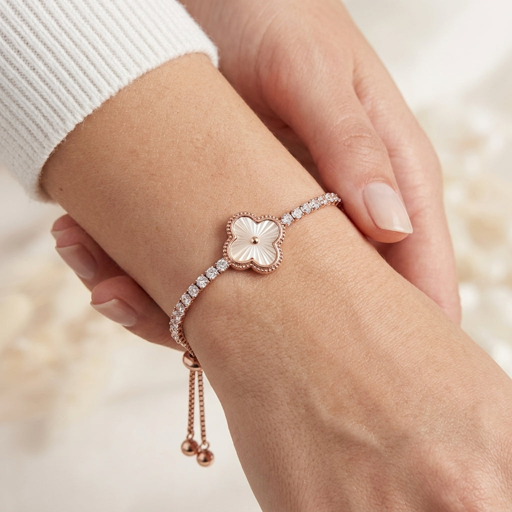 Rose Gold Plated 925 Silver Clover CZ Bracelet-1105-4-3