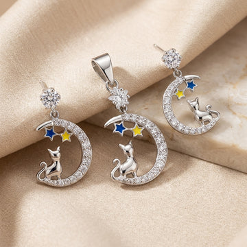 Sterling Silver Cat & Moon Pendant Set with Earrings-1112-2-9