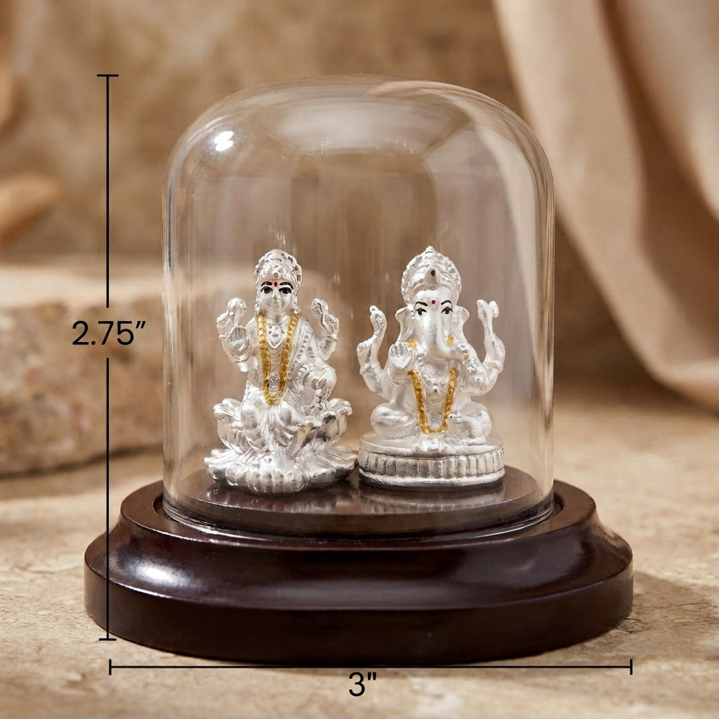 999 Pure Silver Lakshmi Ganesha Idol Set in Dome-1197-7-17