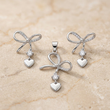 Elegant 925 Silver Bow & Heart Pendant Set with Earrings-1118-3-6