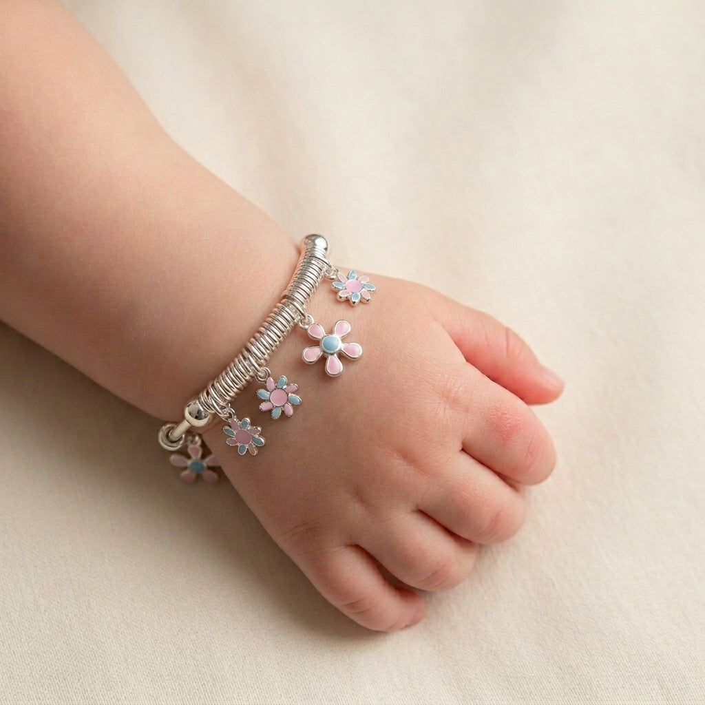 Adorable 925 Silver Baby Kada pair with Enamel Flowers-1044-21-4