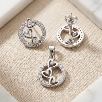 925 Sterling Silver Heart Pendant & Earring Set-1111-3-3