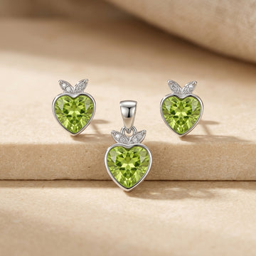 925 Silver Green Heart Pendant & Earrings Set-1077-3-7