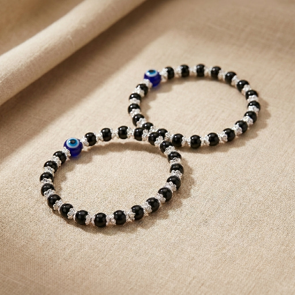 Baby 925 Silver Black Bead Kada with Evil Eye Charm 1 pc-685-4-5