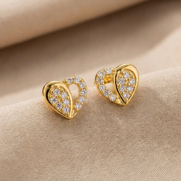 Charming Gold Plated 925 Silver Heart Stud Earrings-1223-2-1