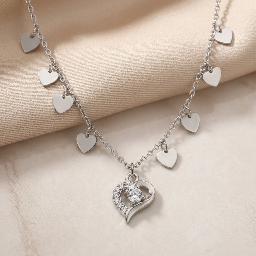 925 Sterling Silver Heart Dangle Necklace-1195-4-4