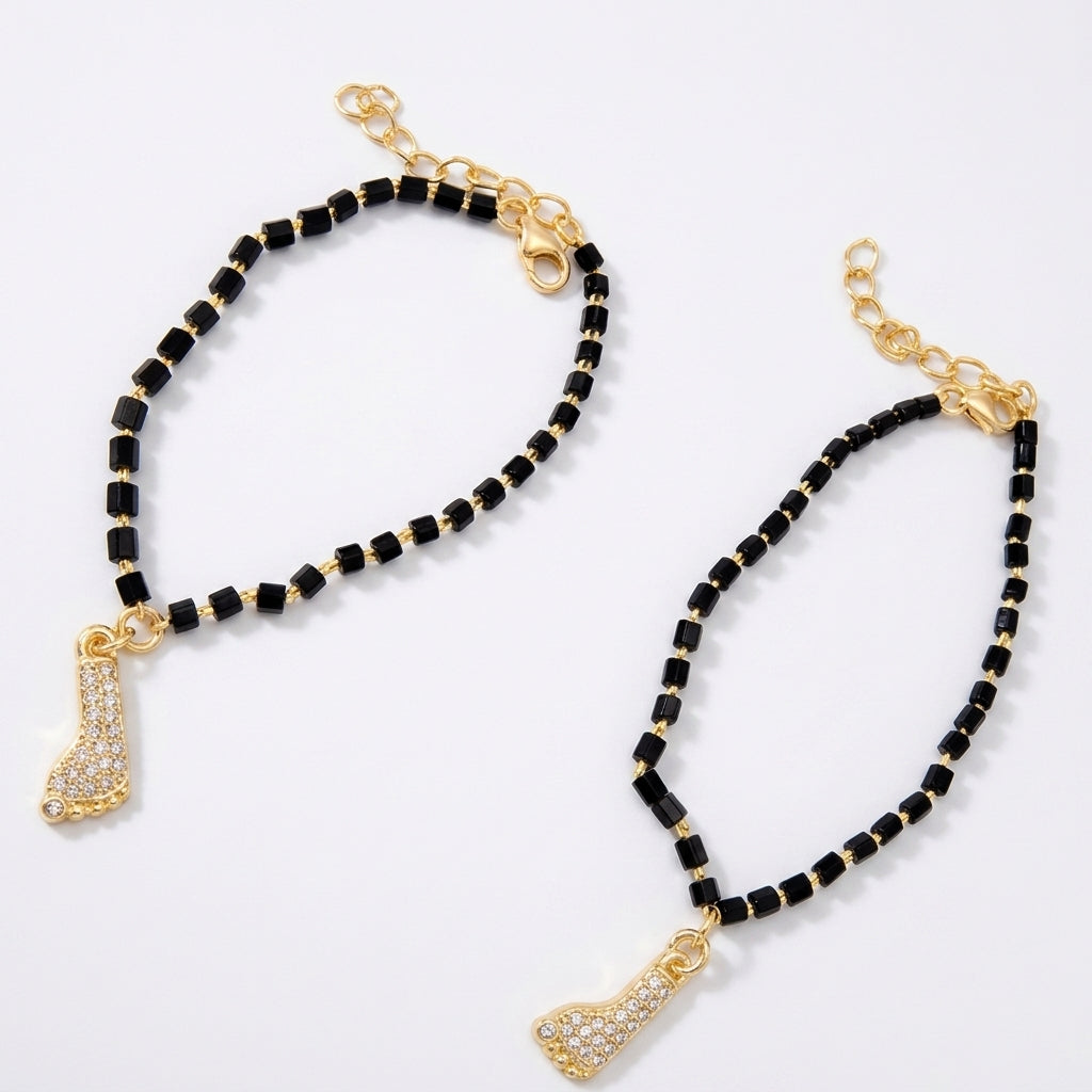 Sparkling Baby Anklets - Black Beads & Gold CZ Charm-1052-3-7