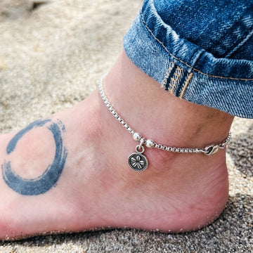925 Sterling Silver Women's Anklet - Flower Charm-1066-6-4