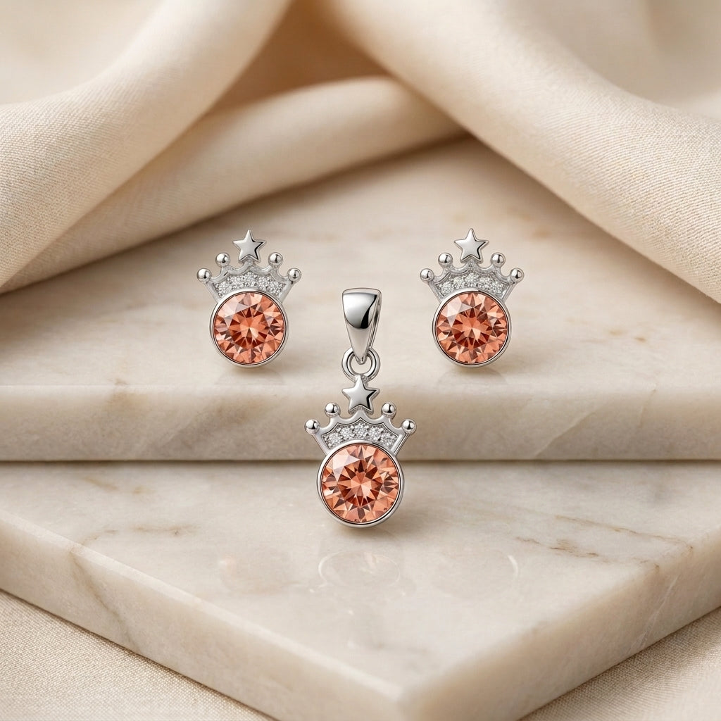 925 Silver Crown Pendant & Earring Set | Peach Gemstone-1081-3-6