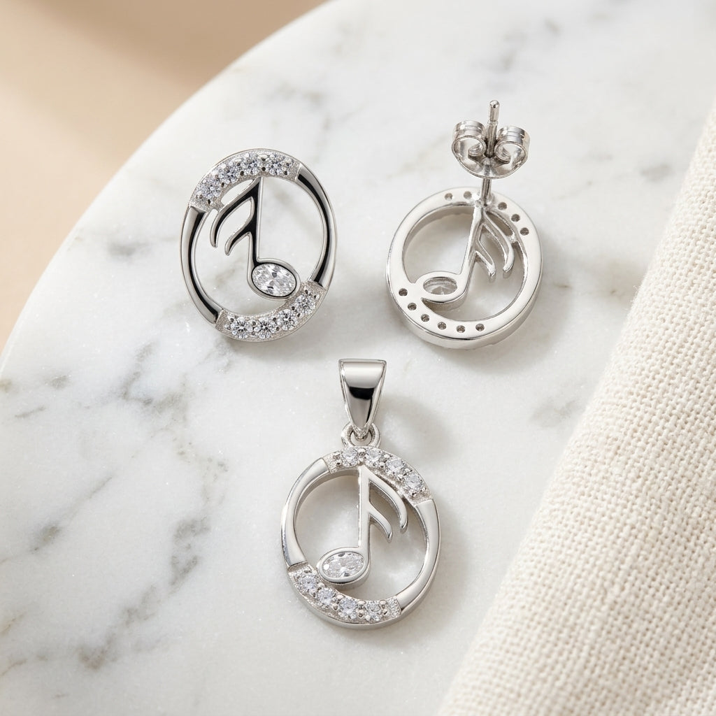 925 Silver Musical Note Pendant & Earring Set-1114-3-3