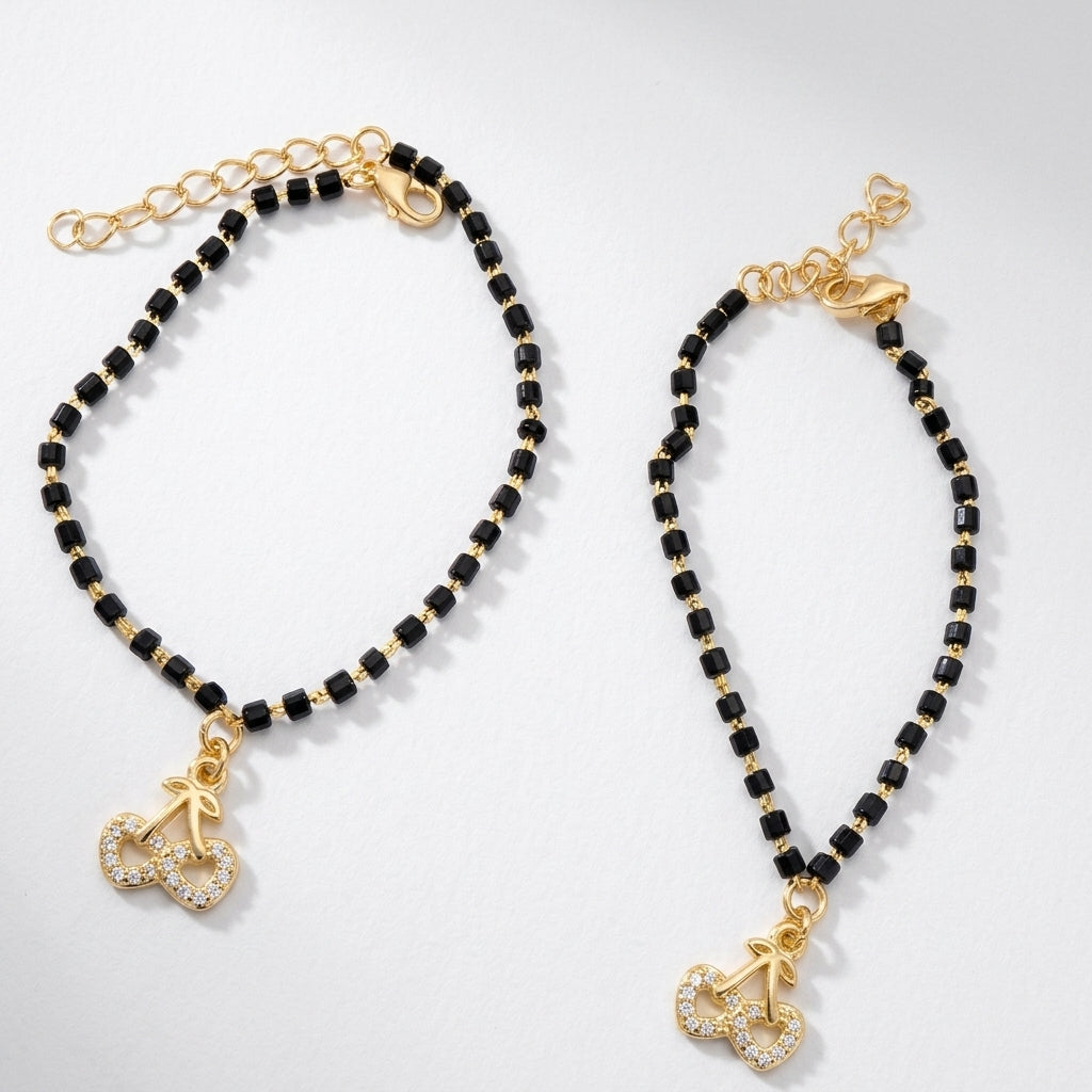 Adorable Baby Cherry Anklet Pair - Black Beads & Gold Tone-1053-3-8