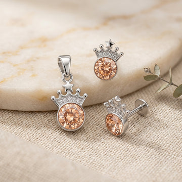 925 Silver Crown Pendant & Earring Set | Peach Gemstone-1081-3-6