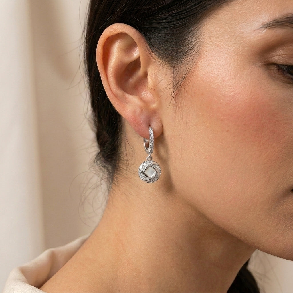 Sterling Silver Zirconia Mother of Pearl Swirl Hoop Earrings-1015-4-0