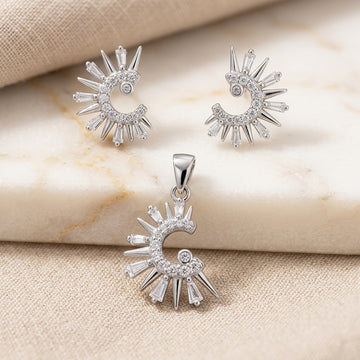 Sparkling 925 Silver Crescent Pendant & Earrings Set-1108-3-6