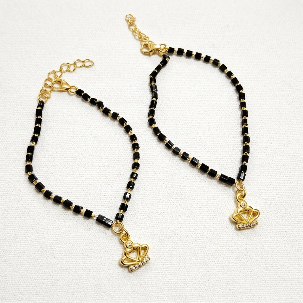 Baby Crown Anklets - 925 Silver & Black Beads (Pair)-1049-3-8
