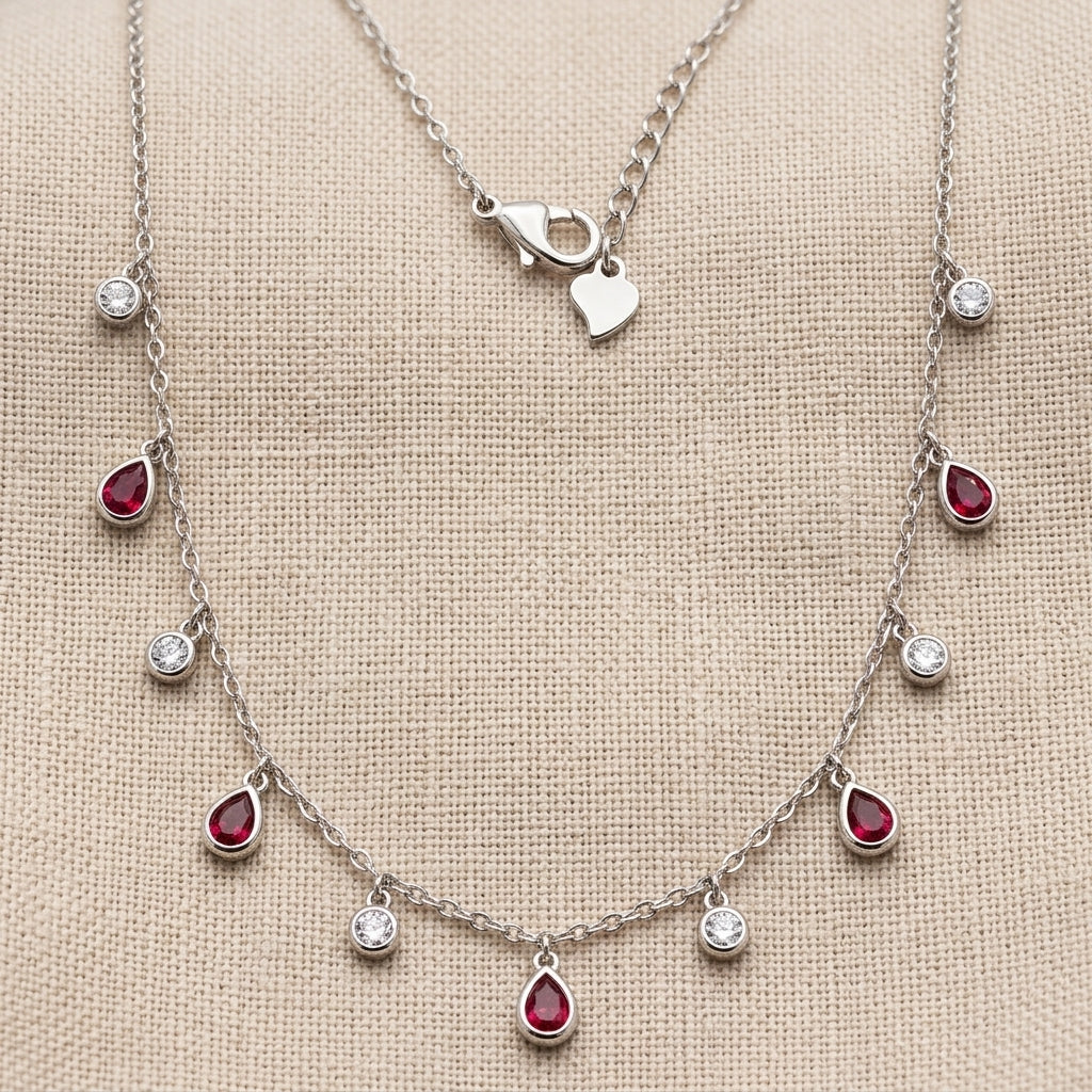 925 Silver Ruby & CZ Drop Dainty Necklace-1196-3-8