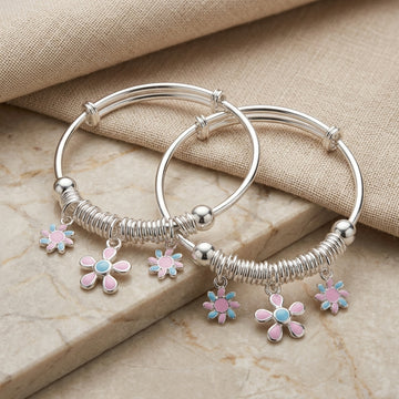 Adorable 925 Silver Baby Kada pair with Enamel Flowers-1044-21-4