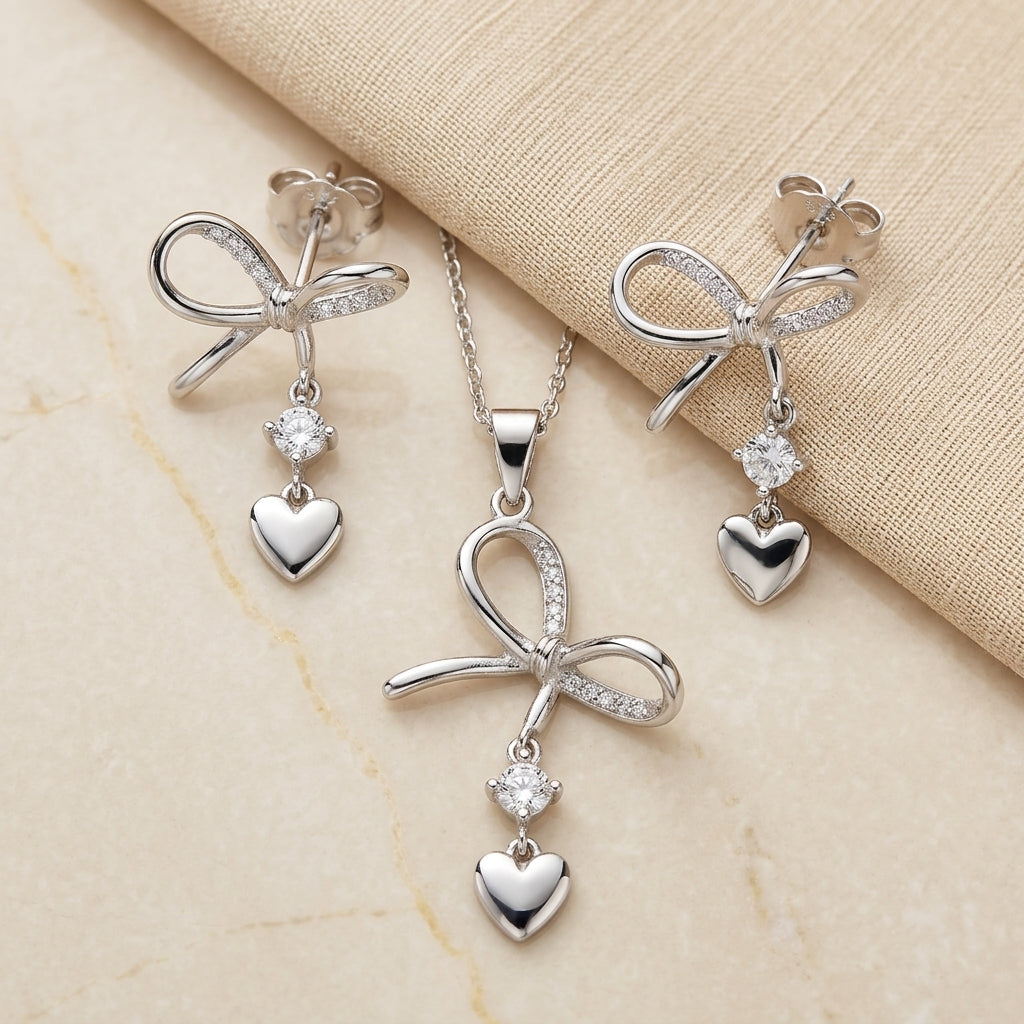 Elegant 925 Silver Bow & Heart Pendant Set with Earrings-1118-3-6