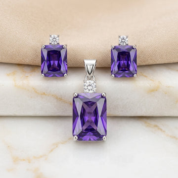 925 Silver Purple Gemstone Pendant & Earring Set-1122-7-8