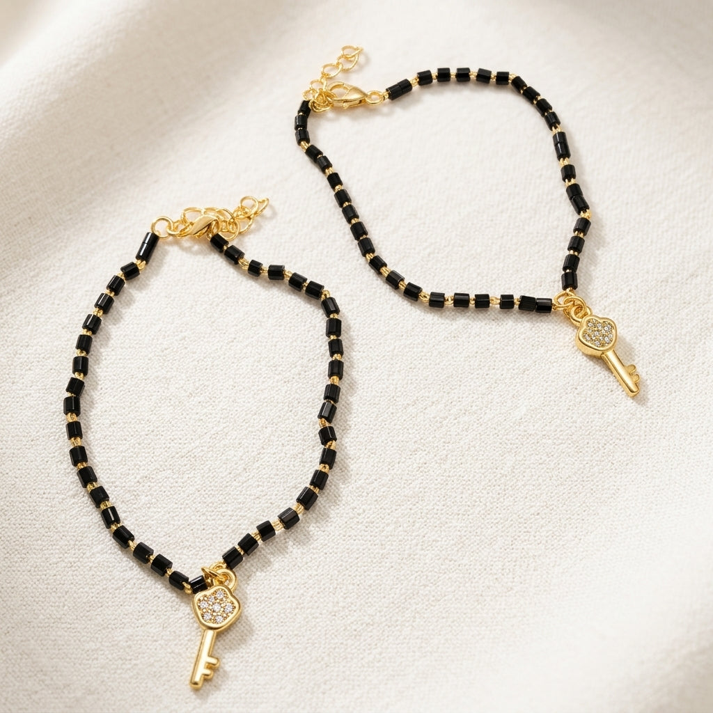 Charming Baby Anklet Pair: Black Beads & Golden Key-1048-4-0