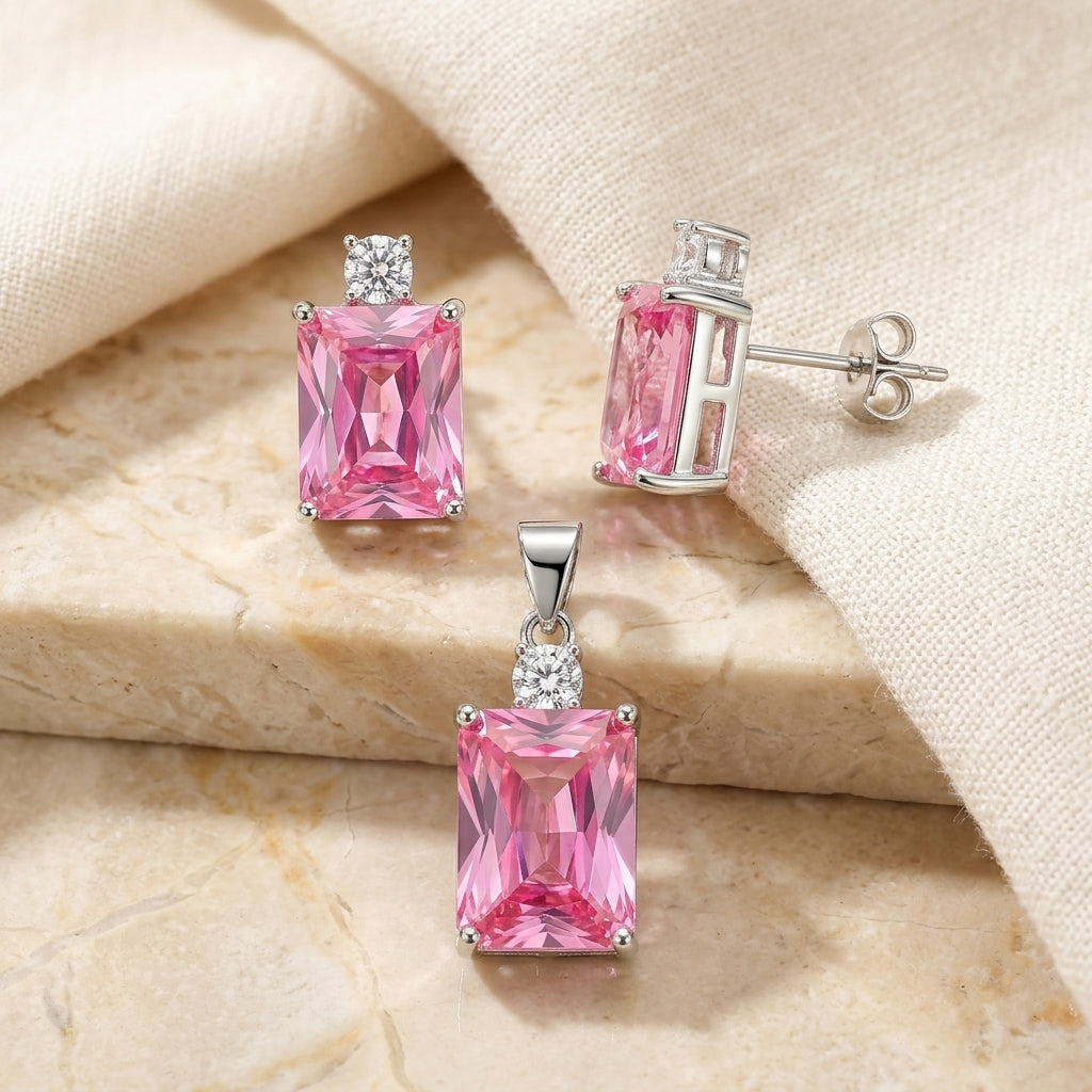 925 Silver Pink Gemstone Pendant & Earring Set-1113-7-9