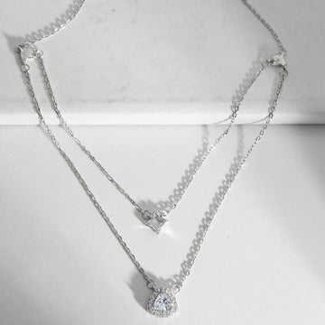 925 Silver Layered Necklace with CZ Diamond Pendant-5700
