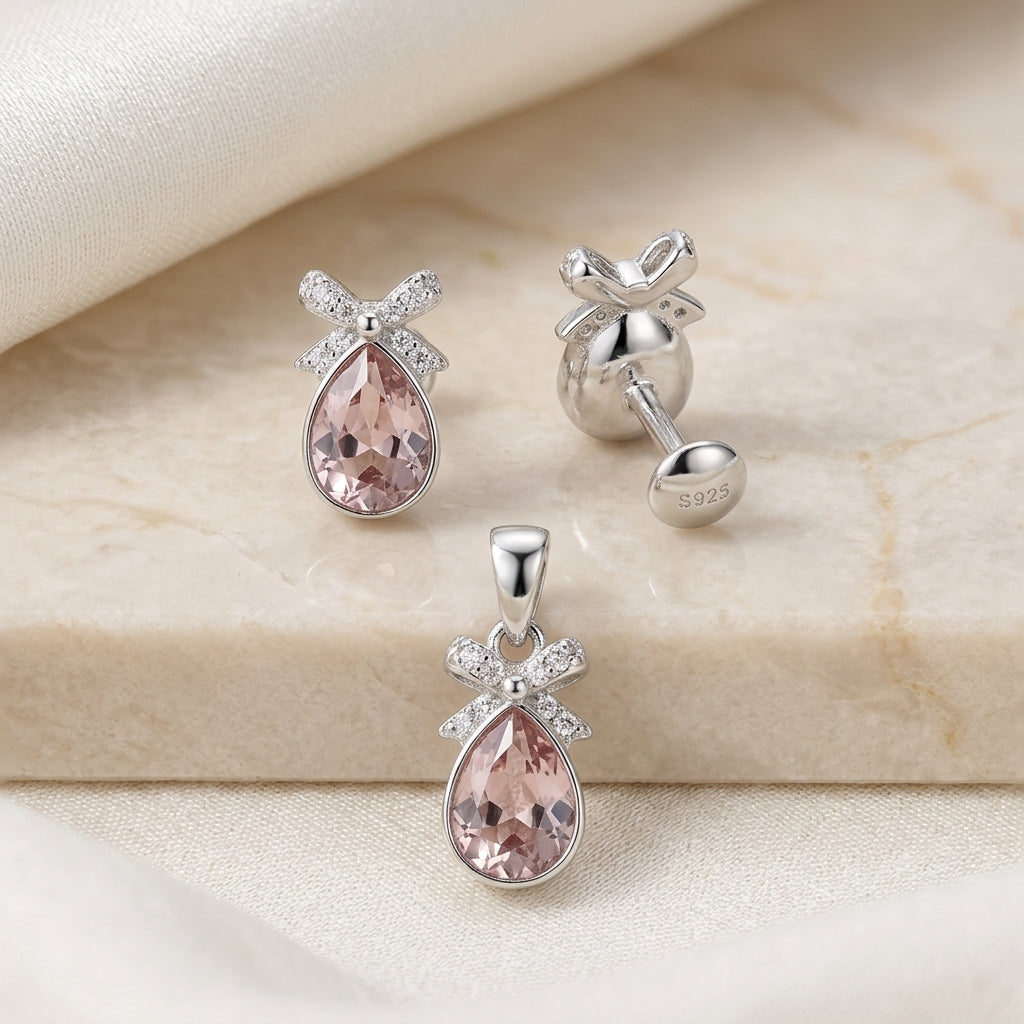 Elegant Silver & Pink Crystal Pendant & Earring Set-1076-3-9