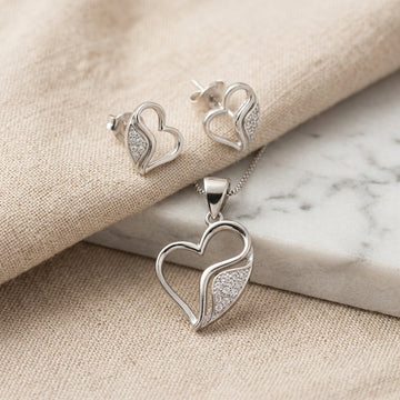 925 Silver Heart Pendant & Earring Set - Sparkling Design-1117-2-7