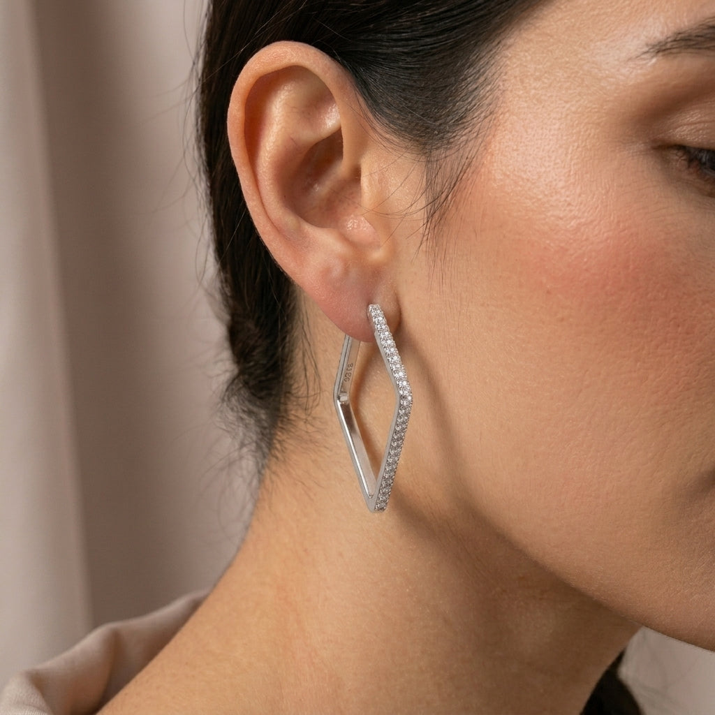 Stylish Silver Square Zircon Hoop Earrings for Women-1032-6-3