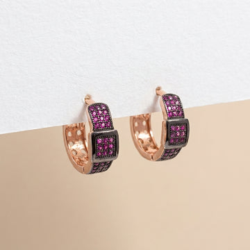 Rose Gold Plated Ruby Pave Hoop Earrings-1018-3-2