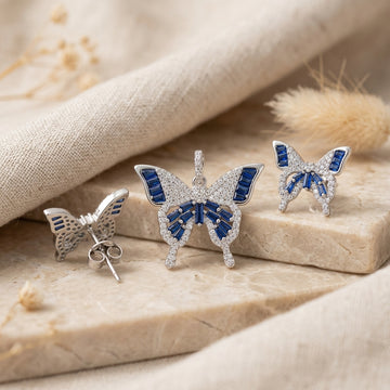 925 Silver Butterfly Pendant & Earring Set | Blue Stones-1073-5-7