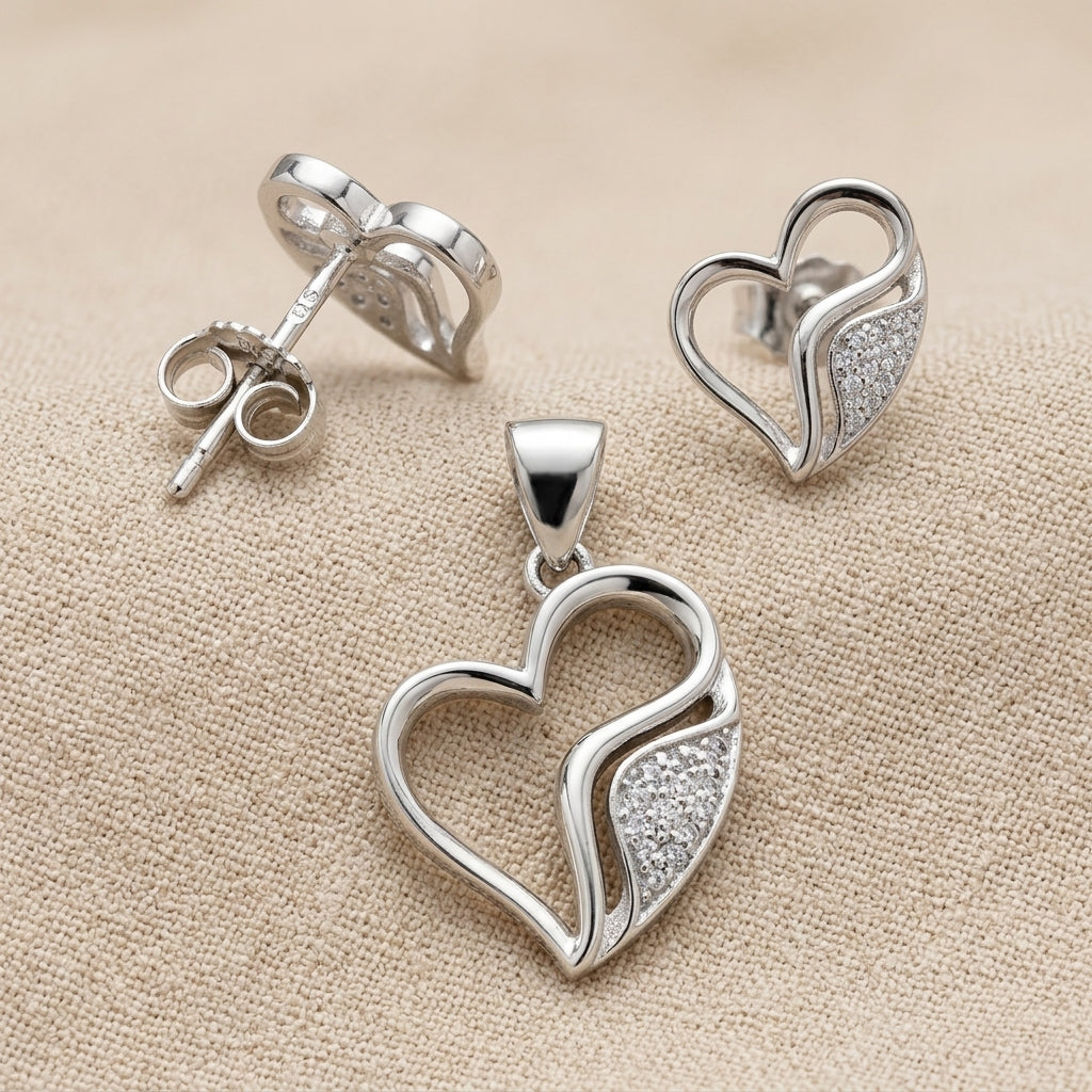 925 Silver Heart Pendant & Earring Set - Sparkling Design-1117-2-7