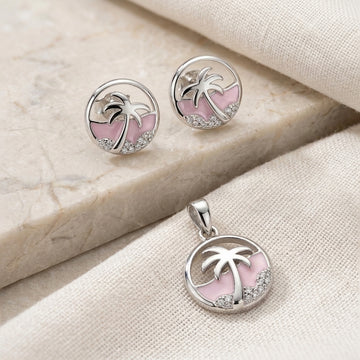 925 Silver Palm Tree Pendant & Earring Set | Pink Enamel-1109-4-6