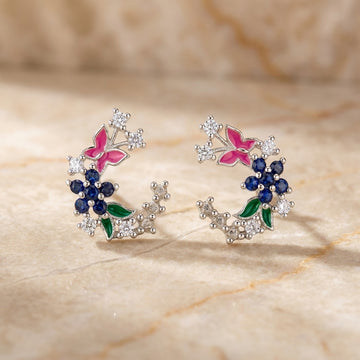 Sparkling Butterfly & Floral Silver Stud Earrings-1025-3-4