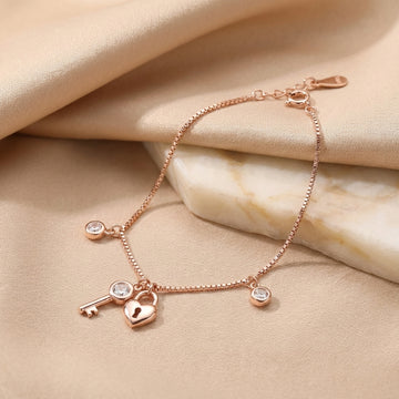 925 Silver Rose Gold Heart Lock Key Charm Bracelet