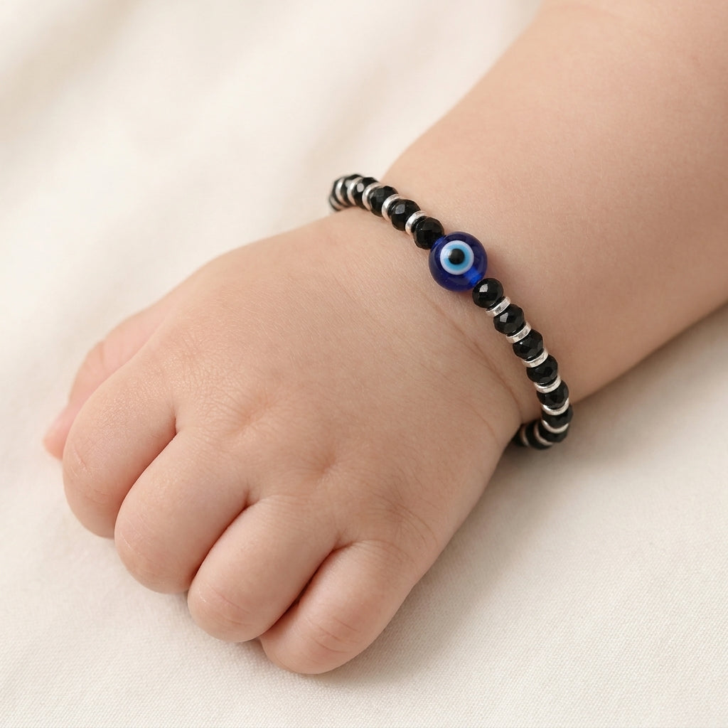 925 Silver Black Bead Evil Eye Kids Bracelet Pair-1001-0-0