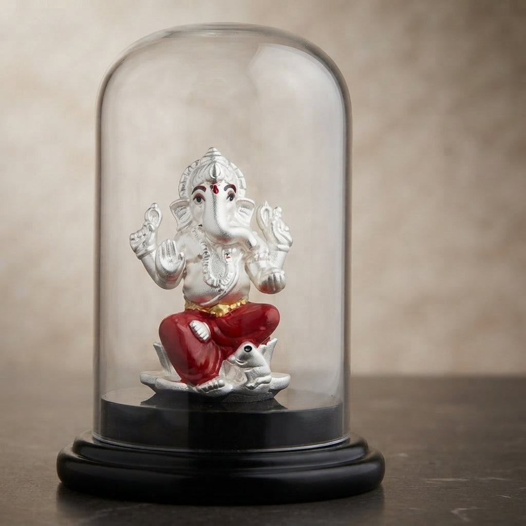 999 silver Pure Ganesh Idol with Glass Case for Car/Mandir-1325-4-60