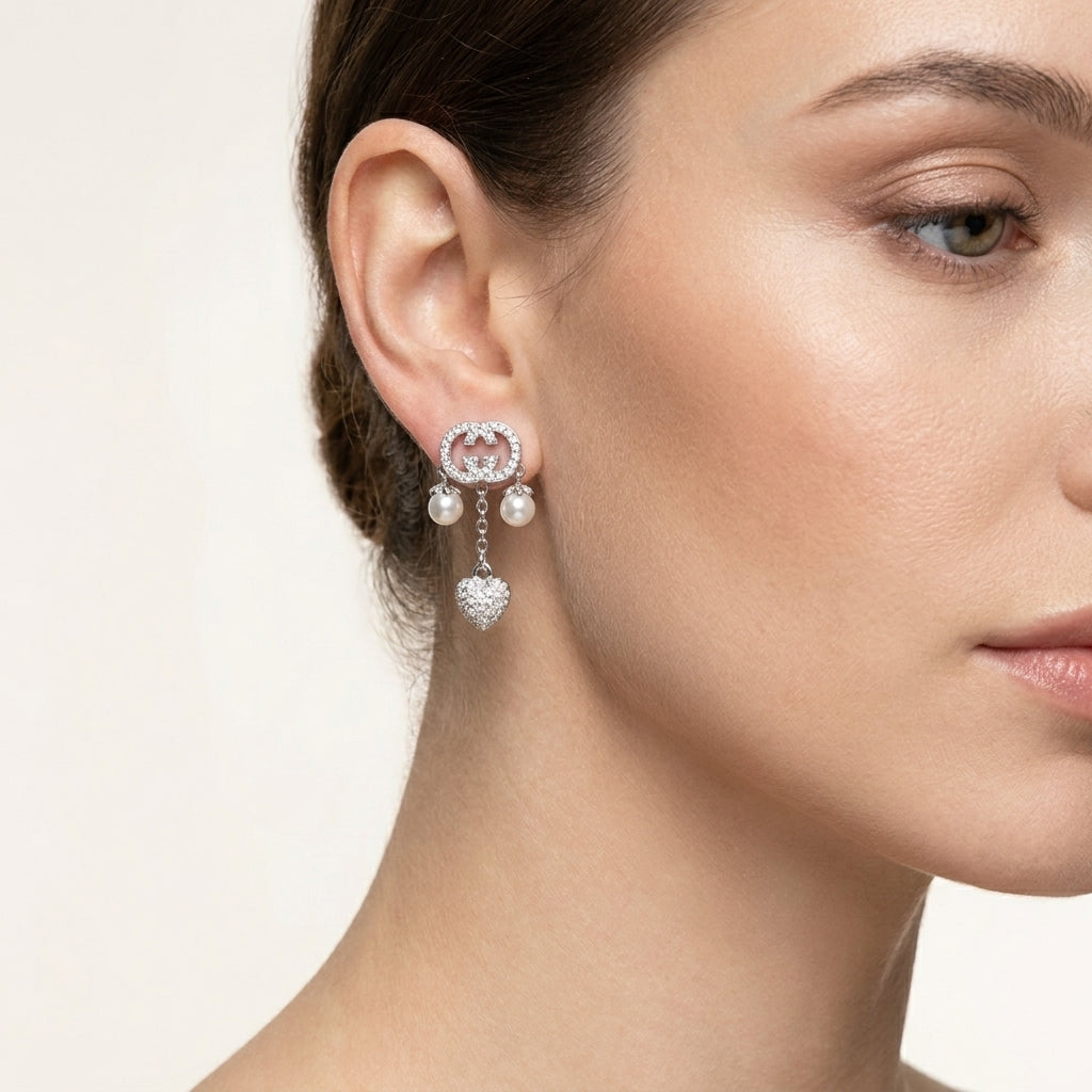 Sterling Silver Pave & Pearl Drop Earrings-1023-4-7