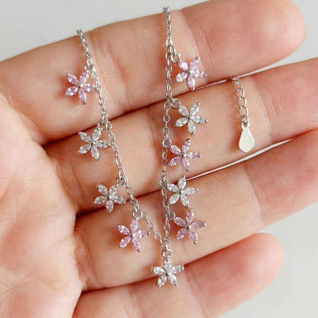 Dainty Floral 925 Silver Necklace with Zirconia-1194-6-4