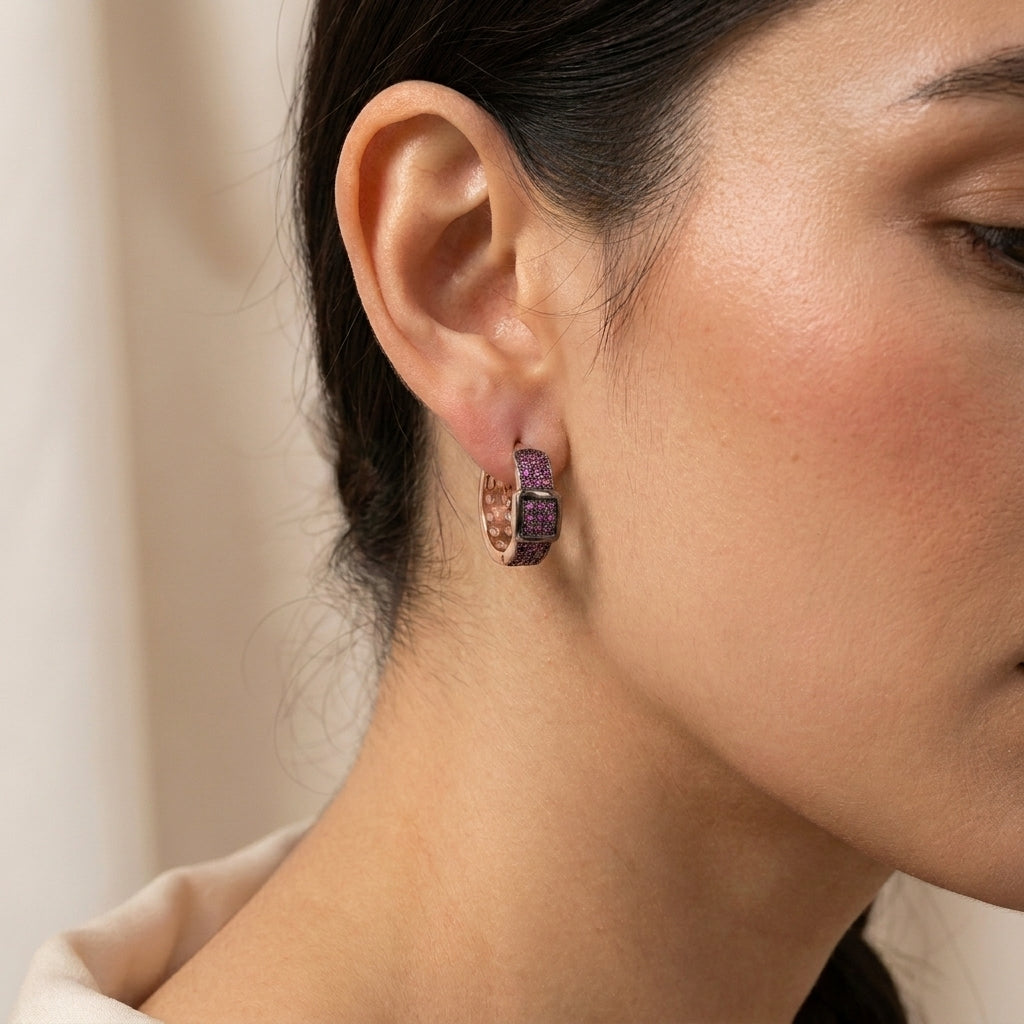Rose Gold Plated Ruby Pave Hoop Earrings-1018-3-2