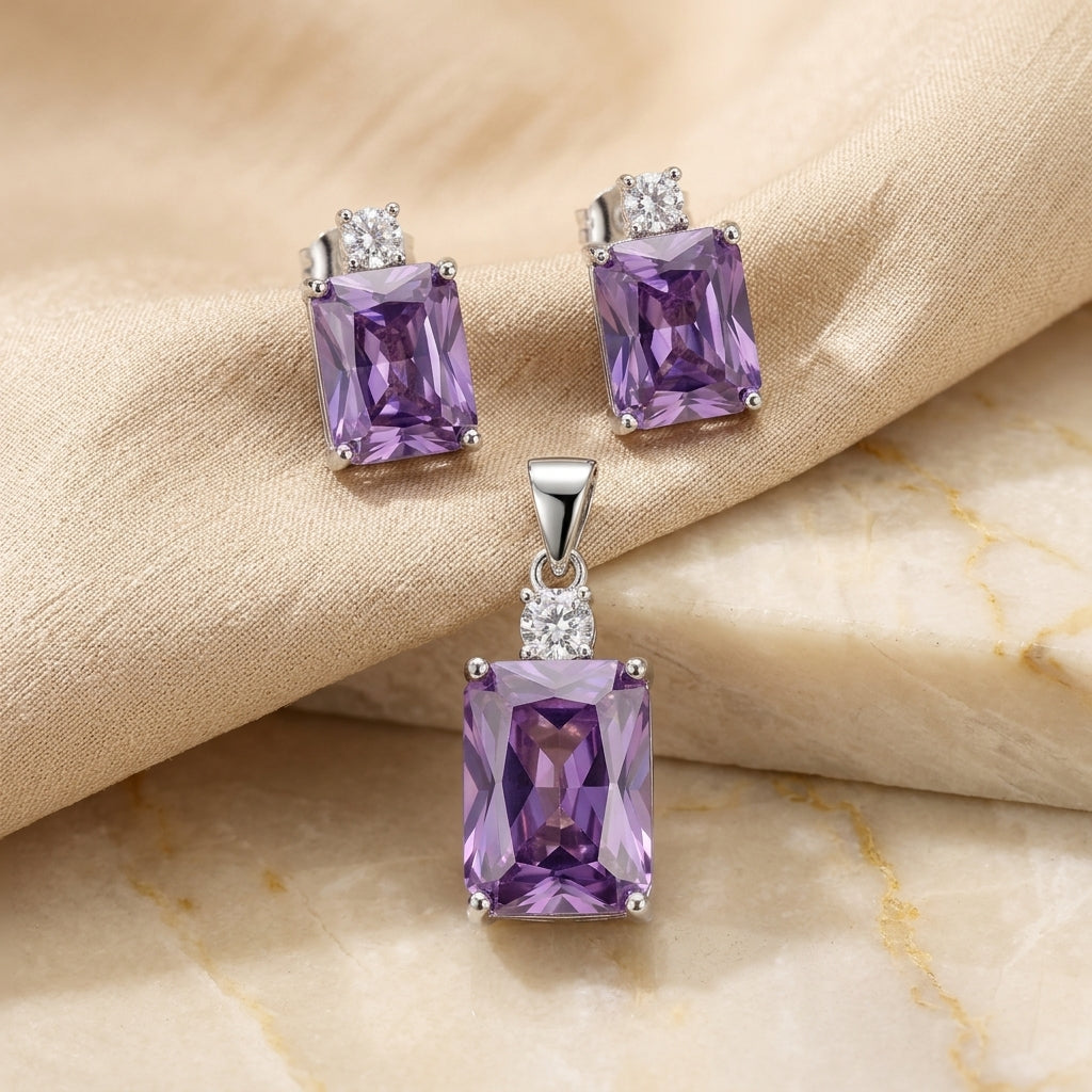 Radiant Amethyst 925 Silver Pendant & Earring Set-1121-7-6